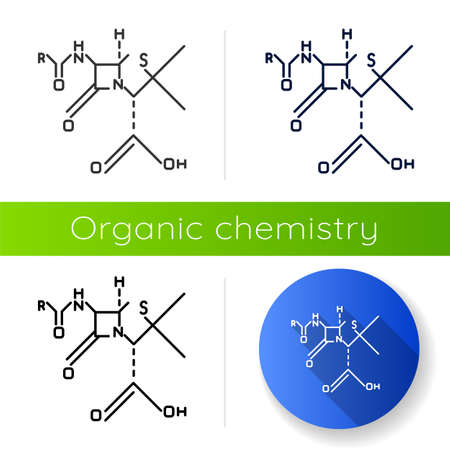 Chemical molecular formula icon. Bonding arrangement of atoms. Organic chemistry scheme. Compounds of element. Flat design, linear, black and color styles. Isolated vector illustrationsのイラスト素材