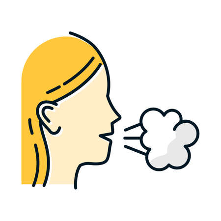 Girl cough color icon. Common cold. Influenza virus. Flu symptom. Grippe illness. Respiratory disease. Allergy sickness. Healthcare. Sneeze. Tuberculosis. Isolated vector illustrationのイラスト素材