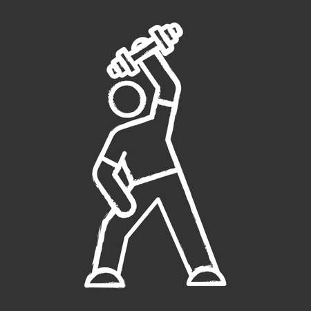 Exercise chalk icon. Man workout. Gym activity. Athlete with dumbell. Training and bodybuilding. Coach. Healthcare. Physical wellness. Person stretching. Isolated vector chalkboard illustrationのイラスト素材