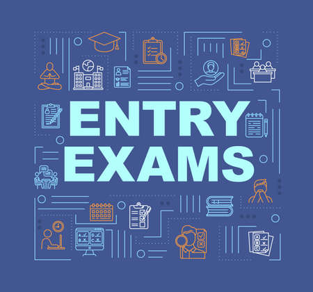 Entry exam word concepts banner. Academic education. College acceptance. School exams. Presentation, website. Isolated lettering typography idea with linear icons. Vector outline illustrationのイラスト素材