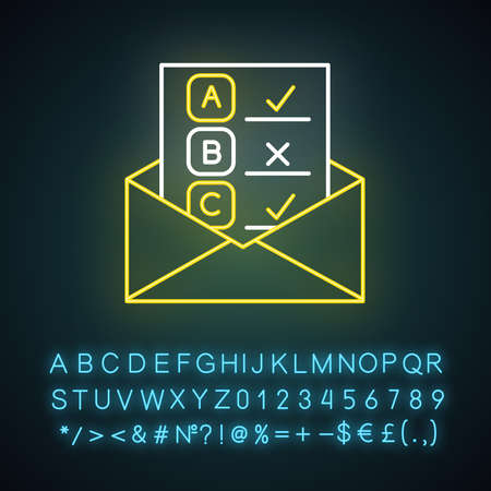 Email survey neon light icon. Public opinion. Research. Consumer review. Customer satisfaction. Feedback. Evaluation. Glowing sign with alphabet, numbers and symbols. Vector isolated illustrationのイラスト素材