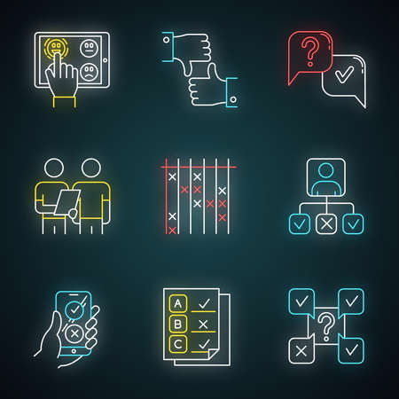Survey neon light icons set. Satisfaction level. Online feedback. Like and dislike. Question and answer. Interview. Personal profile. Test checklist. Glowing signs. Vector isolated illustrationsのイラスト素材