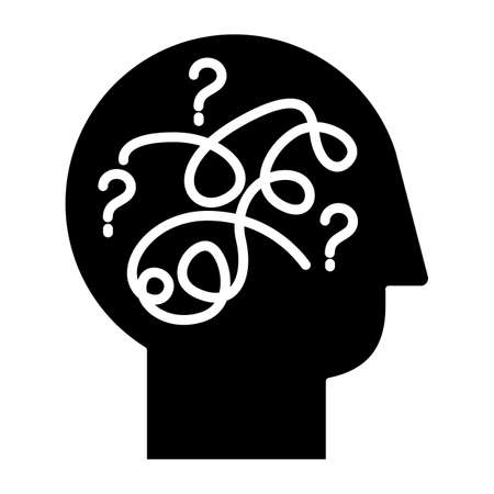 Puzzled mind glyph icon. Mental exercise. Intelligence test. Critical thinking. Brain teaser. Logic questions. Solution finding. Silhouette symbol. Negative space. Vector isolated illustrationのイラスト素材