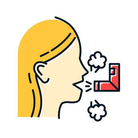 Inhalation color icon. Respiratory illness treatment. Illness aid. Asthma help. Breathing problem cure. Sick girl with sprayer. Healthcare. Common cold. Isolated vector illustrationのイラスト素材