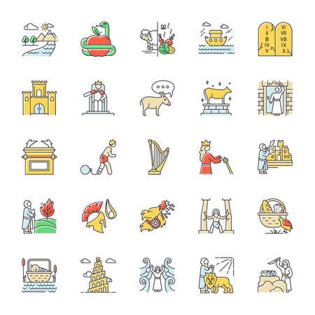 Bible narratives color icons set. Noah Ark, Babel tower. Moses, God myths. Religious legends. Christian religion, holy book scenes plot. Biblical stories. Isolated vector illustrationsのイラスト素材