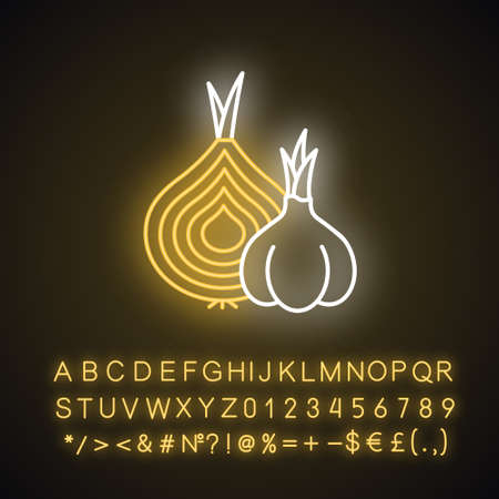 Onion and garlic neon light icon. Nutrition vegan food. Ripe root. Sliced vegetable. Cut bulbe. Common cold aid. Glowing sign with alphabet, numbers and symbols. Vector isolated illustrationのイラスト素材
