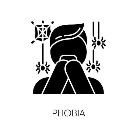 Phobia glyph icon. Fear of spiders. Arachnophobia. Horror. Panic attack. Anxiety and distress. Psychotherapy. Mental disorder. Silhouette symbol. Negative space. Vector isolated illustrationのイラスト素材