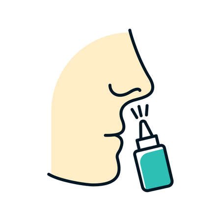 Drip nose color icon. Nasal disease. Flu and influenza virus. Common cold. Healthcare. Sickness and illness. Medication in bottle. Disease treatment. Respiratory sprayer. Isolated vector illustrationのイラスト素材