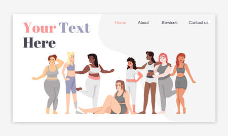 Body positive landing page vector templates. Women dressed in sportswear website interface idea with flat illustrations. Healthy lifestyle homepage layout. Feminism web banner, webpage cartoon conceptのイラスト素材