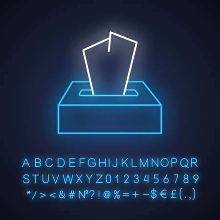 Disposable wipes neon light icon. Box with tissues. Toilet paper in stack. Handkerchief. Cleansing product. Glowing sign with alphabet, numbers and symbols. Vector isolated illustrationのイラスト素材