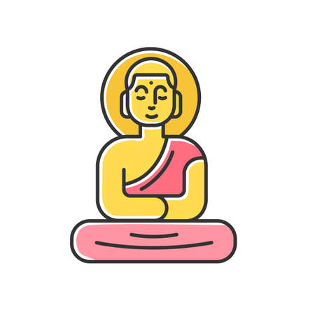 Buddha golden statue color icon. Sitting meditation in lotus pose. Symbol of peace and harmony. Discovering Indonesian islands culture. Oriental religious sculpture. Isolated vector illustrationのイラスト素材