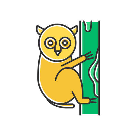 Tarsier yellow color icon. Tropical country animals, mammals. Exploring exotic Indonesian islands wildlife. Primate on tree. Visiting Balinese forest fauna. Isolated vector illustrationのイラスト素材