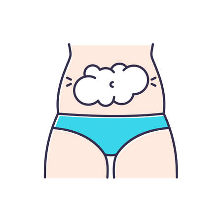 Bloating color icon. Predmenstrual abdominal pain. Digestive tract problem. Stomach ache and discomfort. Flatulence and gas. Menstruation symptom. Healthcare. Isolated vector illustrationのイラスト素材