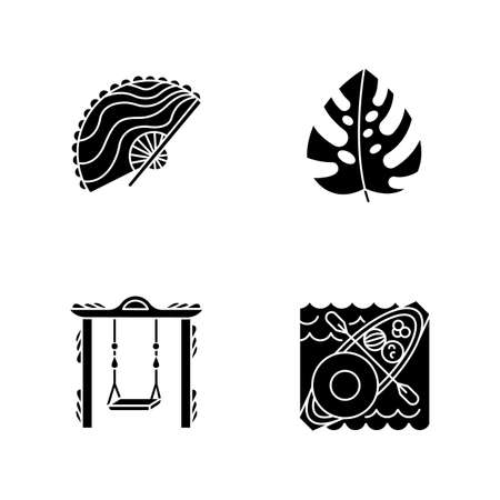 Indonesia glyph icons set. Tropical country plants. Trip to Indonesian islands. Exploring exotic culture traditions. Unique souvenirs. Floating market. Silhouette symbols. Vector isolated illustrationのイラスト素材