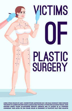 Victims of plastic surgery poster vector template. Aesthetic surgery addicts. Brochure, cover, booklet page concept design with flat illustrations. Advertising flyer, leaflet, banner layout ideaのイラスト素材