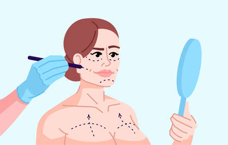 Plastic surgery addicted girl flat color vector illustration. Fashion victim. Aesthetic medical...