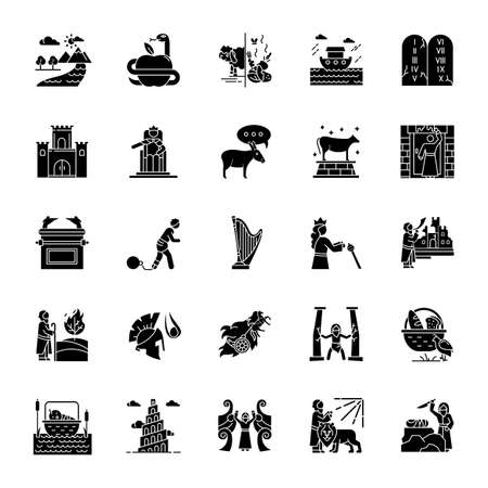 Bible narratives glyph icons set. Noah Ark, Babel tower. Moses, God myths. Religious legends. Christian religion, holy book scenes plot. Silhouette symbols. Vector isolated illustrationのイラスト素材
