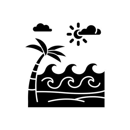 Waves on sandy beach glyph icon. Seaside with palm. Trip to Indonesian islands. Sea coast in Bali. Weather for surfing. Summer holiday. Silhouette symbol. Negative space. Vector isolated illustrationのイラスト素材