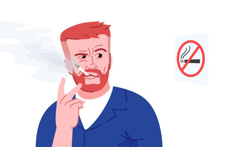 Nicotine addiction flat color vector illustration. Smoking in place where it forbidden. Unhealthy habit. Caucasian man violating ban on smoking isolated cartoon character on white backgroundのイラスト素材
