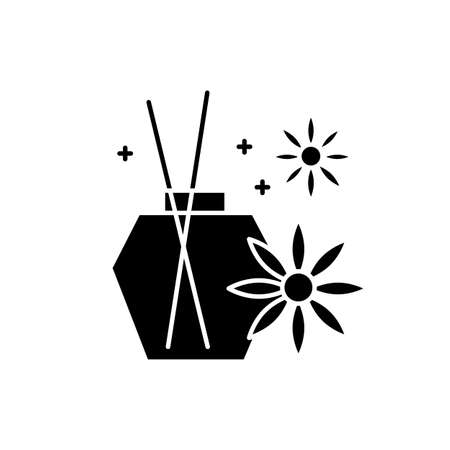 Aromatherapy glyph icon. Blossom scented sticks. Essential oils in glass jar. Selfcare and wellness. Therapeutic spa product. Silhouette symbol. Negative space. Vector isolated illustrationのイラスト素材