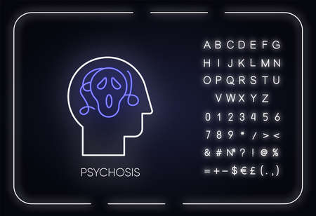Psychosis neon light icon. Paranoid and scared person. Phobia and anxiety. Schizophrenia. Mental disorder. Glowing sign with alphabet, numbers and symbols. Vector isolated illustrationのイラスト素材