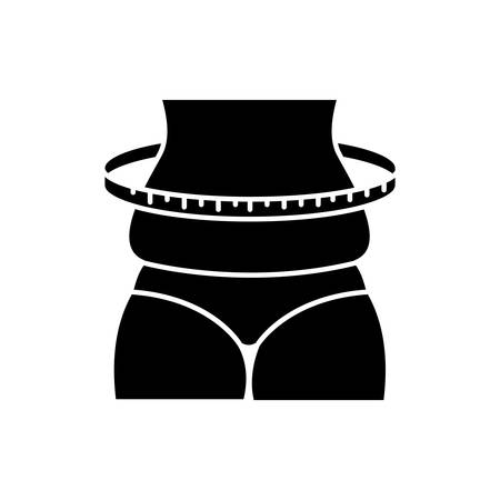 Weight change glyph icon. Overweight female body. Cellulite on abdominal area and thighs. Gain weight. Predmenstrual syndrome symptom. Silhouette symbol. Negative space. Vector isolated illustrationのイラスト素材