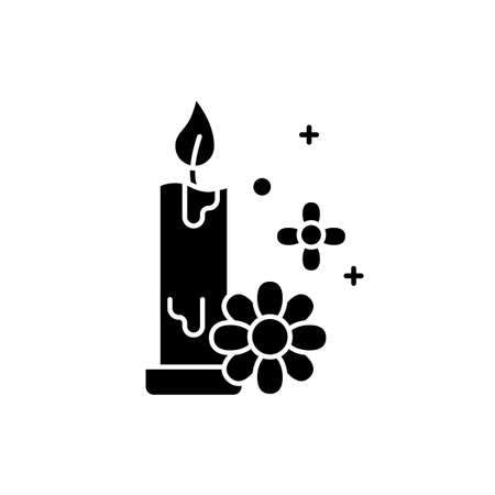 Aromatherapy glyph icon. Floral scented candle. Perfumed air freshener. Spa product. Relaxation and selfcare. Bath decoration. Silhouette symbol. Negative space. Vector isolated illustrationのイラスト素材