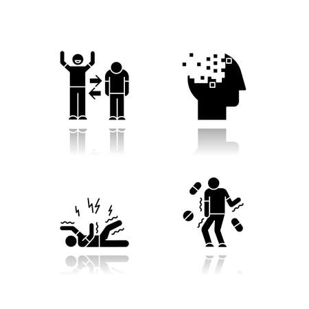 Mental disorder drop shadow black glyph icons set. Manic, depressive episodes. Bipolar disorder. Amnesia. Memory loss. Epileptic seizure. Tardive dyskinesia. Medication. Isolated vector illustrationsのイラスト素材