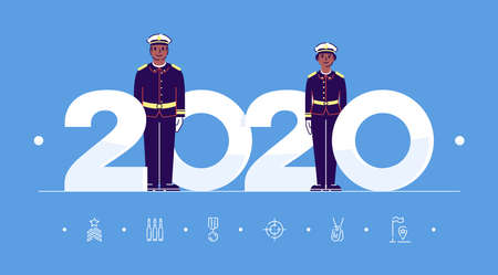 Professions 2020 flat banner vector template. Military officer isolated cartoon characters on blue. People in soldiery uniform. Banner, brochure page, leaflet design layout with place for textのイラスト素材