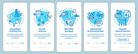 Responsible consumption onboarding mobile app page screen with concepts. Recycle, ecology. Consumerism walkthrough 5 steps graphic instructions. UI vector template with RGB color illustrationsのイラスト素材