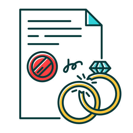 Divorce RGB color icon. Formal ending of marriage. Legal separation. Judicial declaration of marriage disolution. Breakup. Notary services. Apostille and legalization. Isolated vector illustrationのイラスト素材