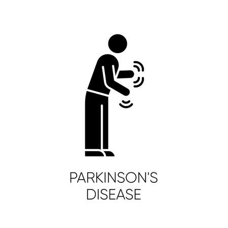Parkinson's disease glyph icon. Movement, walking difficulty. Shaking and rigidity. Parkinsonism. Parkinsonian syndrome. Mental health. Silhouette symbol. Negative space. Vector isolated illustrationのイラスト素材