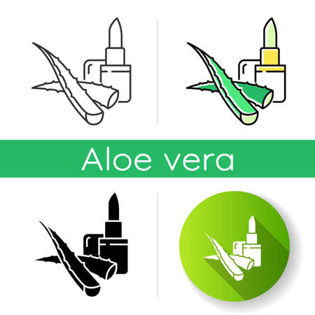 Vegan lip balm icon. Organic lipcare with aloe vera. Cosmetic product. Medicinal herbs extract for healing. Plant based skincare. Linear black and RGB color styles. Isolated vector illustrationsのイラスト素材