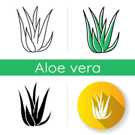 Aloe vera icon. Succulent growing sprouts. Cactus leaves and thorns. Medicinal herb for skincare. Decorative plant. Linear black and RGB color styles. Isolated vector illustrationsのイラスト素材