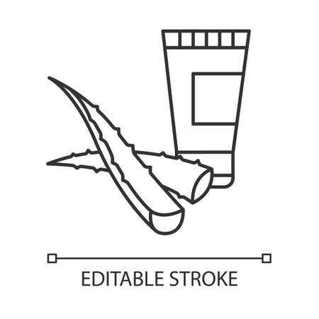 Organic cream pixel perfect linear icon. Plant based lotion. Gel with aloe vera extract. Thin line customizable illustration. Contour symbol. Vector isolated outline drawing. Editable strokeのイラスト素材