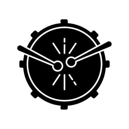 drum with drumsticks black glyph icon. View from above. Musical instrument. Brazilian carnival. Festive drum parade. National festival. Silhouette symbol on white space. Vector isolated illustrationのイラスト素材