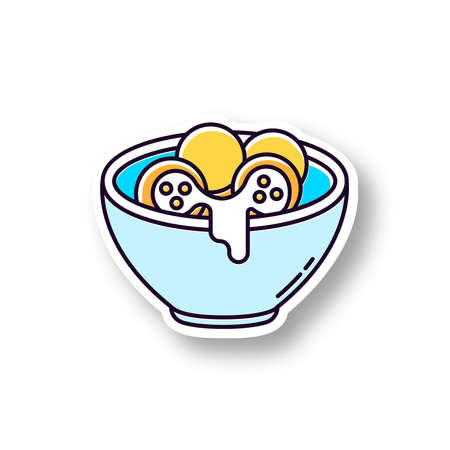 Cheese bread patch. RGB color printable sticker. Arancini. Pão de queijo. Brazilian traditional food. National cuisine. Bakery product. Brazil meal. Vector isolated illustrationのイラスト素材