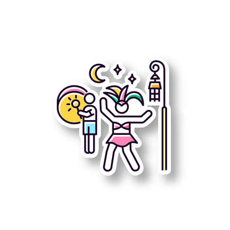 Samba patch. RGB color printable sticker. Brazilian carnival in night. Dancing lady in national costume. Ethnic festival. Man playing music on drum. Traditional music. Vector isolated illustrationのイラスト素材