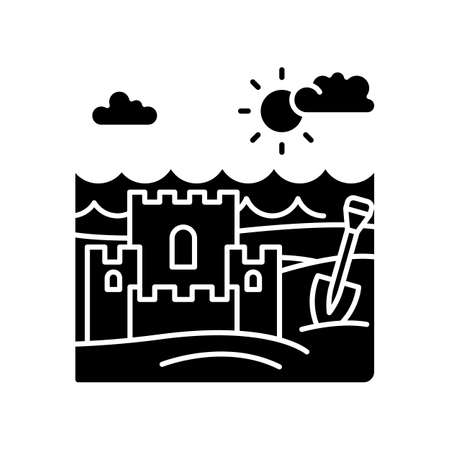 Ocean beach black glyph icon. Marine shore. Sand castle. Maritime family vacation. Trip to exotic country. Silhouette symbol on white space. Vector isolated illustrationのイラスト素材
