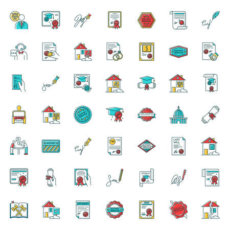 Notary services RGB color big icons set. Apostille and legalization. Notarized document. Certificate. Courthouse. Real estate litigation. License. Signature. Isolated vector illustrationsのイラスト素材