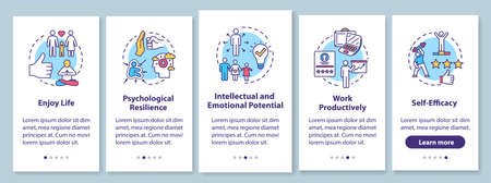 Mental health onboarding mobile app page screen with concepts. Psychological wellness walkthrough five steps graphic instructions. Work productively. UI vector template with RGB color illustrationsのイラスト素材