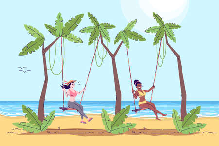 Two women on swings flat doodle illustration. Beach activity. Girls having fun on sea shore. Exotic country. Seaside. Indonesia tourism 2D cartoon character with outline for commercial useのイラスト素材