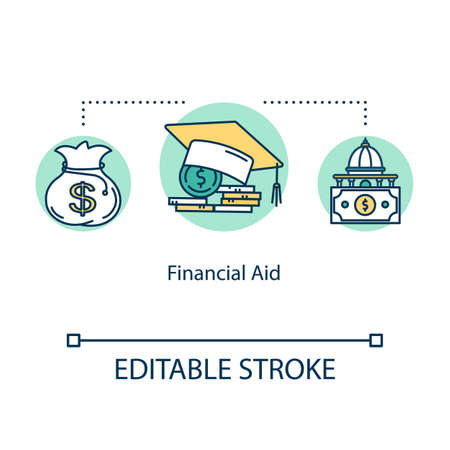 Financial aid concept icon. College budget support. Education cost. Savings and funding. Finance idea thin line illustration. Vector isolated outline RGB color drawing. Editable strokeのイラスト素材