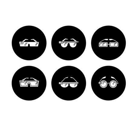 Smart glasses glyph icons set. Smartglasses. Wearable optical gadgets. Augmented reality technology. Monitoring. Mobile devices. Digital tools. Vector white silhouettes illustrations in black circlesのイラスト素材