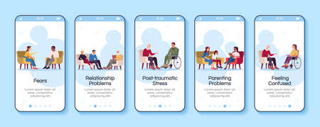 Psychology consultation onboarding mobile app screen vector template. Relationship problems. Fears. Walkthrough website steps with flat characters. UX, UI, GUI smartphone cartoon interface conceptのイラスト素材