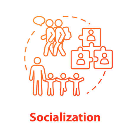 Socialization concept icon. Diversity in school group. Inclusive education. Social adaptation. Communication idea thin line illustration. Vector isolated outline RGB color drawing. Editable strokeのイラスト素材
