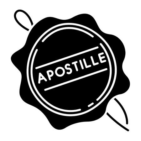 Apostille wax seal black glyph icon. Notary services stamp. Legalization. Notarization. Notarized document. Validation, confirmation. Silhouette symbol on white space. Vector isolated illustrationのイラスト素材