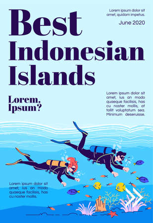 Best Indonesian islands magazine cover template. Scuba diving. Indonesia tourism. Journal mockup design. Vector page layout with flat character. Advertising cartoon illustration with text spaceのイラスト素材