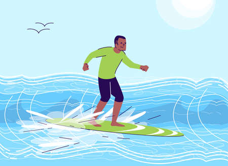 Surfing man flat doodle illustration. African American guy on surfboard. Water activity. Extreme sports. Exotic country. Indonesia tourism 2D cartoon character with outline for commercial useのイラスト素材