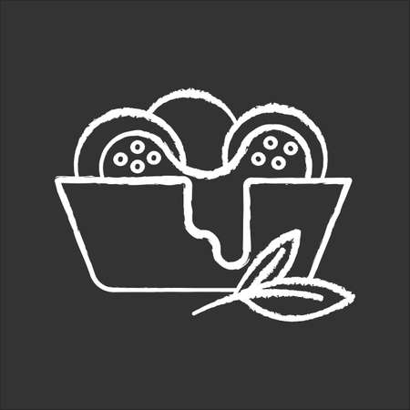 Cheese bread chalk white icon on black background. Arancini. P?o de queijo. Brazilian traditional food. National cuisine. Bakery product with leaves. Isolated vector chalkboard illustrationのイラスト素材